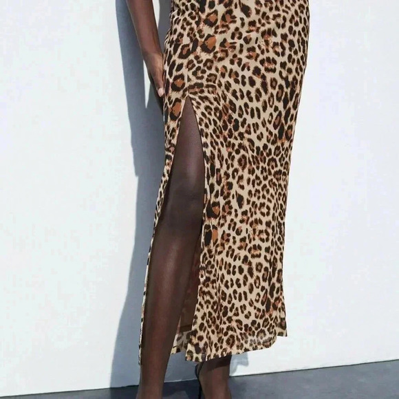 Khaki Sexy Women's Leopard Print Fitted Bodycon Midi Dress With Slit Up To Thigh - Picture 5 of 8